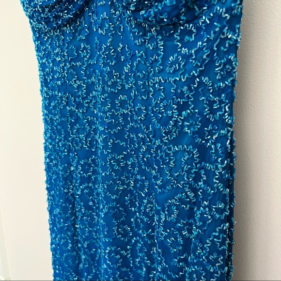 Scala Turquoise Blue Beaded Halter Neck Double Split Formal Gown - Picture 12 of 16